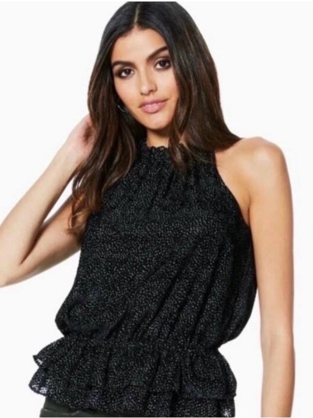 Ramy Brook Bobbi Top Sleeveless Size Small Black Silk Dots Ruffle Peplum Dressy